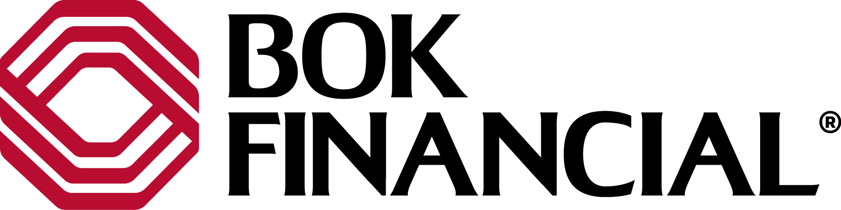 BOK Financial logo, red hexagonal design with black text