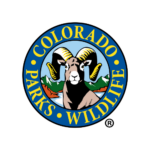Colorado Parks Wildlife logo, bighorn sheep, mountain background