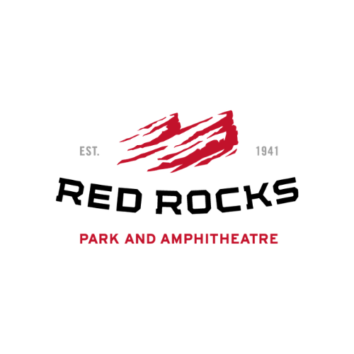 Red Rocks Park and Amphitheatre logo with red abstract lines, established 1941