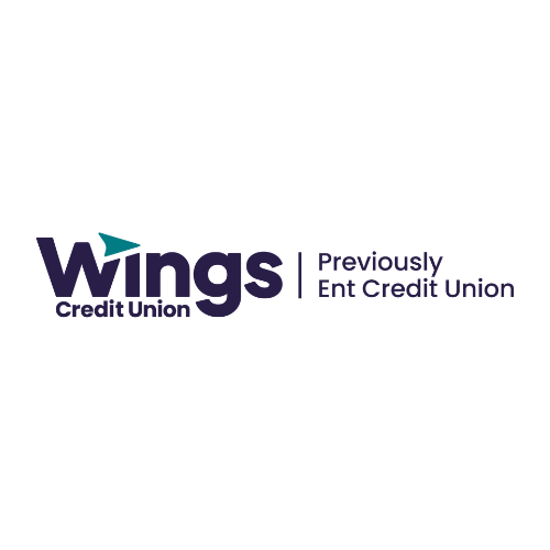 Wings Credit Union logo, previously Ent Credit Union, blue text with teal triangle