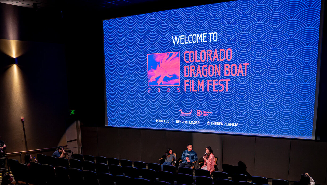 Welcome to Colorado Dragon Boat Film Fest screen with three seated speakers