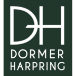 Dormer Harpring logo with white 'DH' and name on dark green background