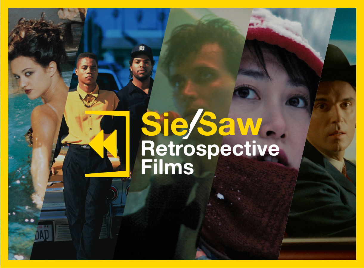 Sie/Saw Retrospective Films banner featuring actors from various movies in diagonal stripes