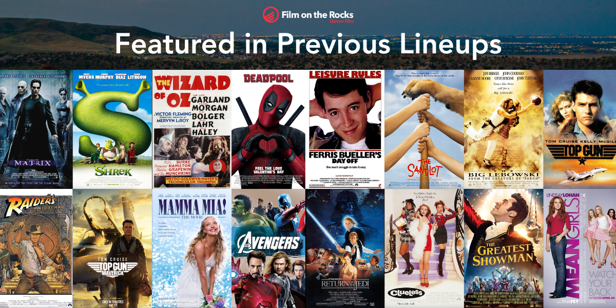 "Film on the Rocks" lineup featuring movie posters including Shrek, Deadpool, Ferris Bueller's Day Off, and Mean Girls