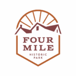 Four Mile Historic Park logo featuring an orange sunburst and house silhouette