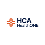 HCA HealthONE logo with orange cross icon, blue text