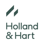 Holland & Hart logo with two abstract green shapes above text