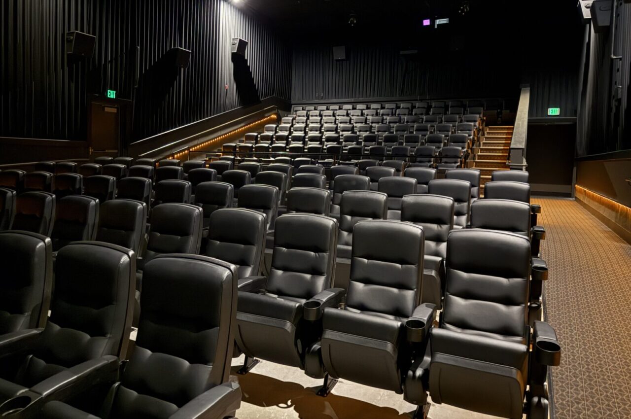 Empty movie theater with rows of black leather seats, dim lighting