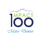 Impact 100 Metro Denver logo with mountain outline in blue and green text