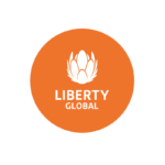 Liberty Global logo, orange circle with stylized white flower and text