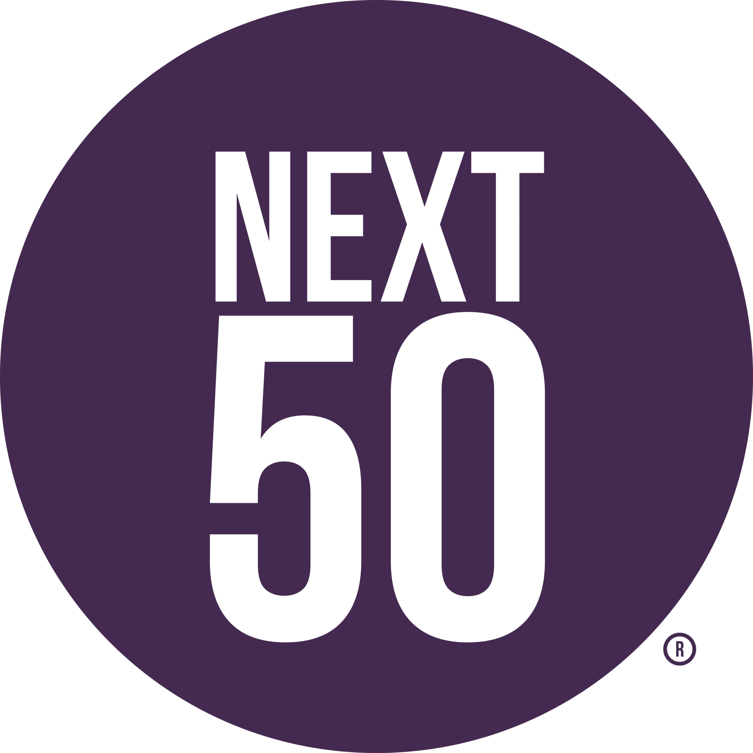 Next50 logo in white on a purple circle