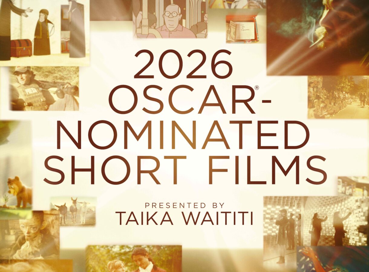 2026 Oscar-Nominated Short Films poster, presented by Taika Waititi, with surrounding movie scenes