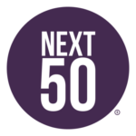 Purple circle with white text reading "NEXT 50"