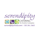 Serendipity Catering logo with colorful icons and contact details: serendipityfood.com | 206.282.9866