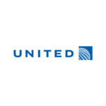 United Airlines logo, blue text with globe design