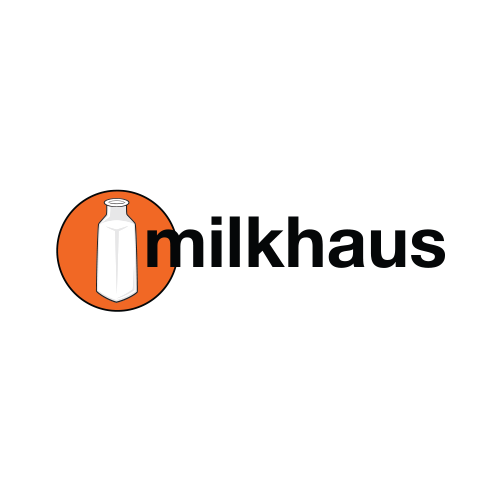 Milkhaus logo, white bottle on orange circle background