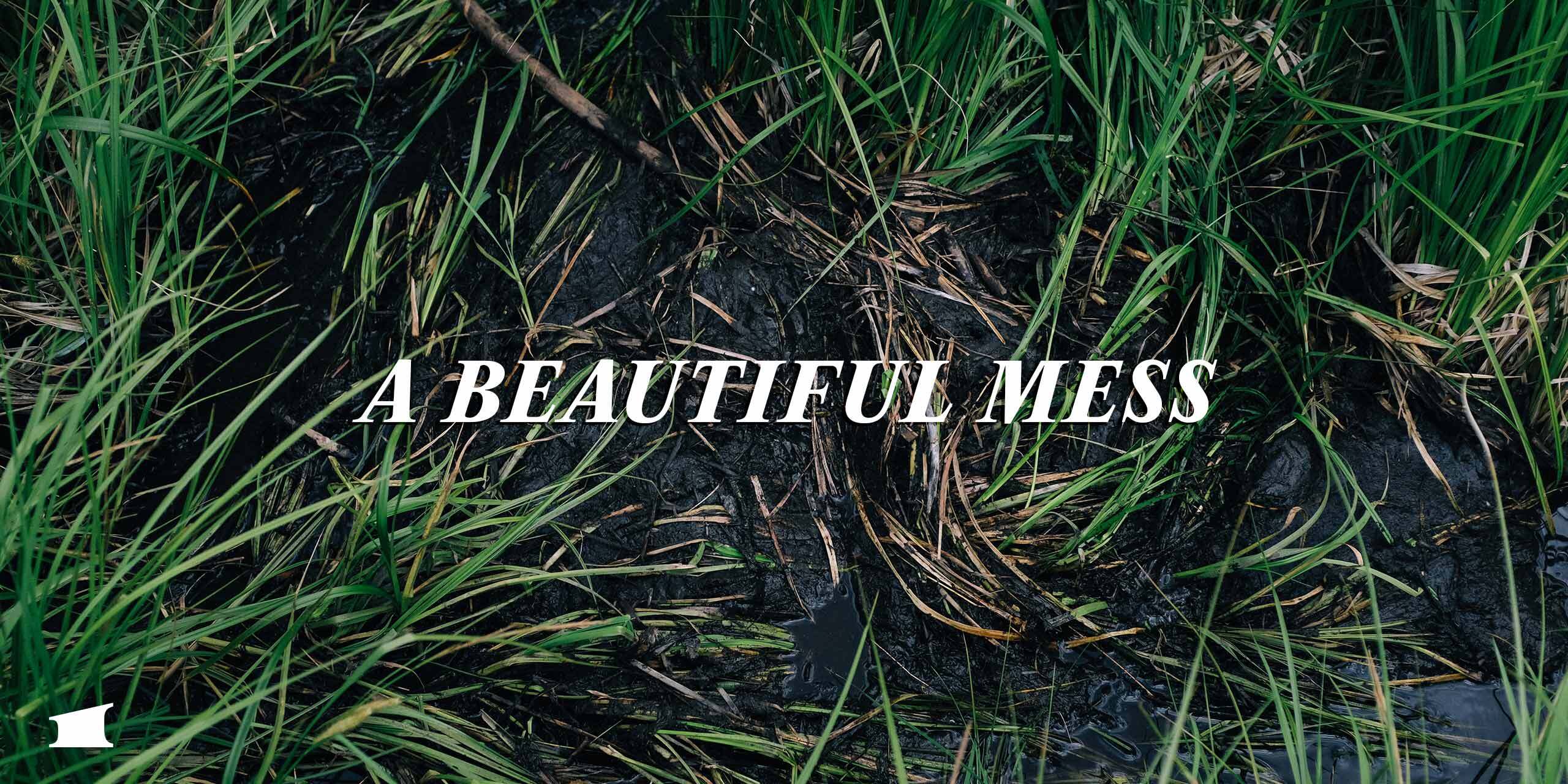 Text "A Beautiful Mess" overlaid on muddy grass
