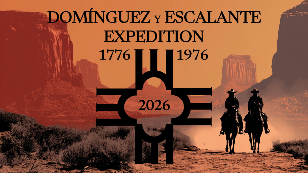 Domínguez y Escalante Expedition 1776-1976, silhouettes of two horseback riders against desert landscape, 2026 symbol centered