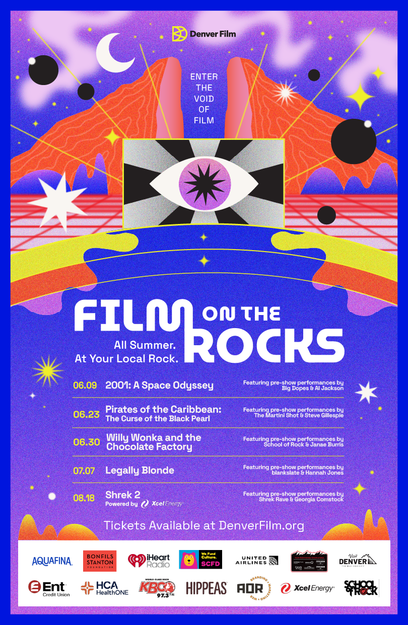 Denver Film poster for "Film on the Rocks", featuring summer movie schedule with pre-show performances