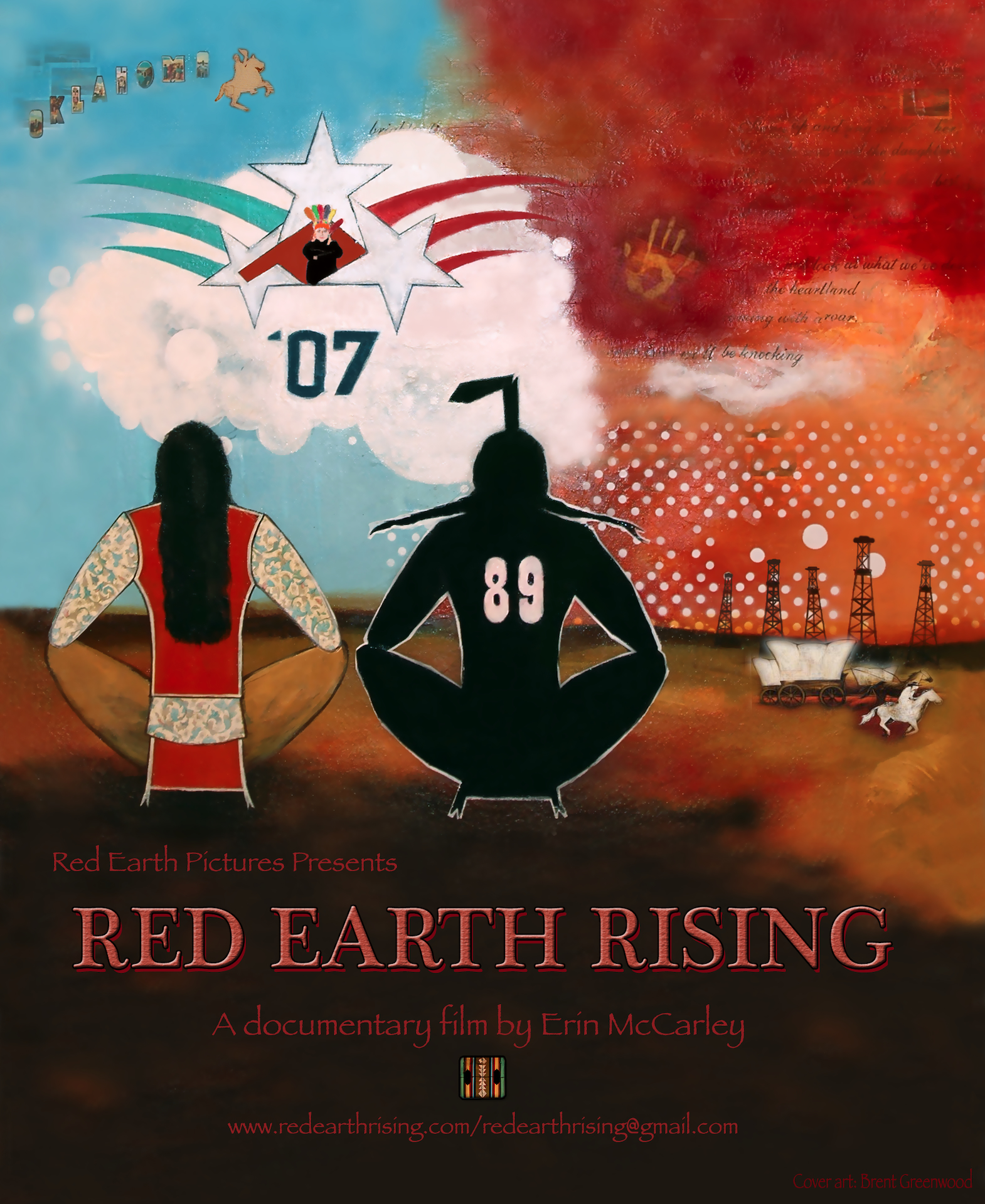 Poster for "Red Earth Rising," a documentary by Erin McCarley, featuring two figures with numbers 07 and 89, Oklahoma theme