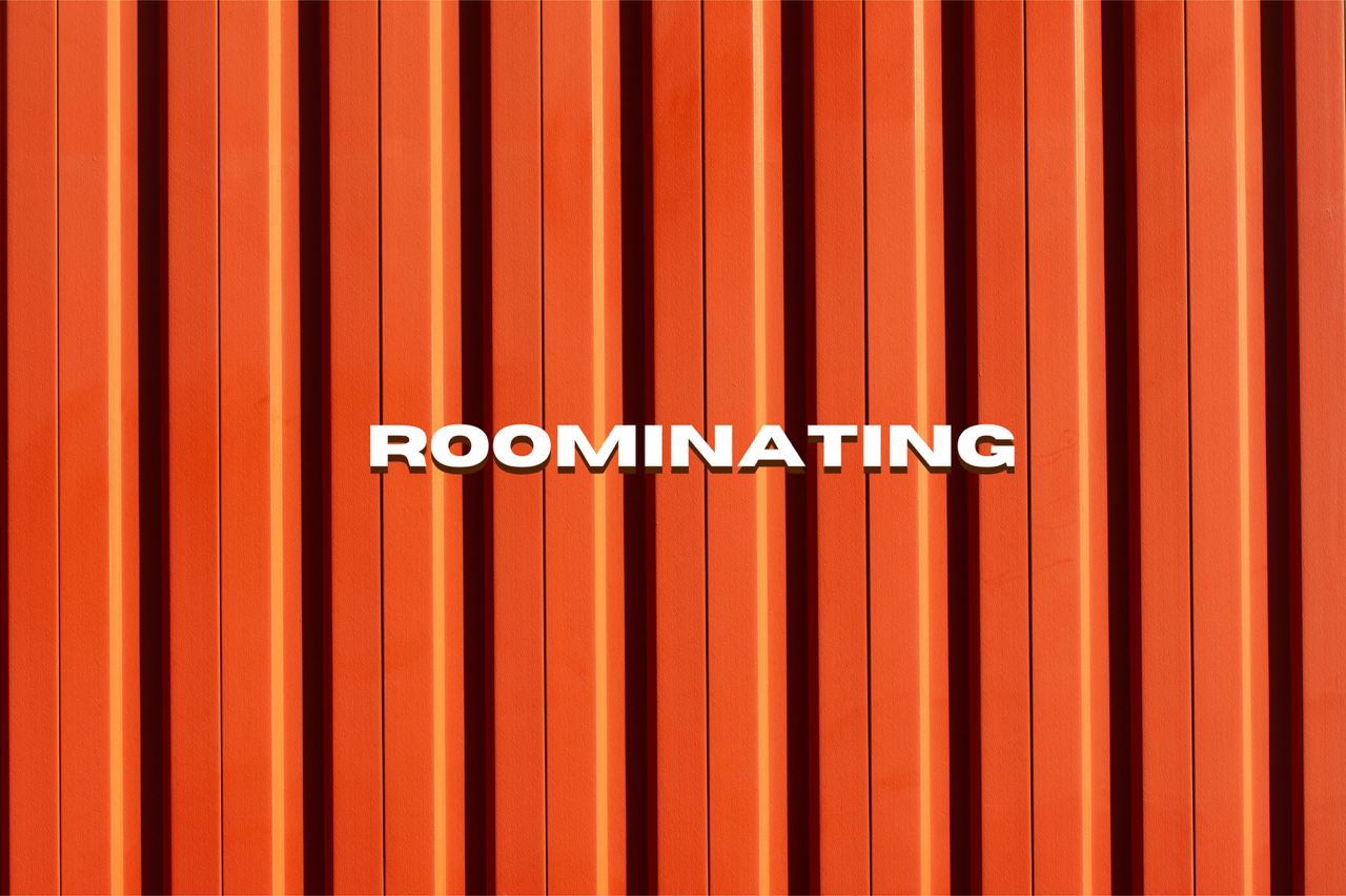 Text "ROOMINATING" on a vibrant orange, grooved background