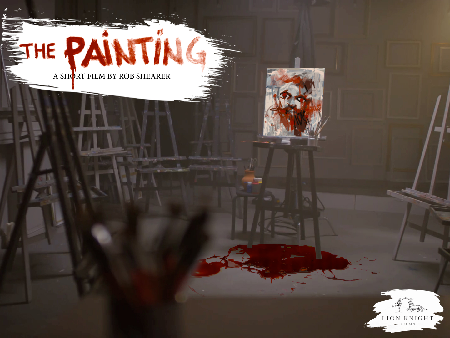 Painting in a dimly lit studio; text: "The Painting, a short film by Rob Shearer." Lion Knight Films logo