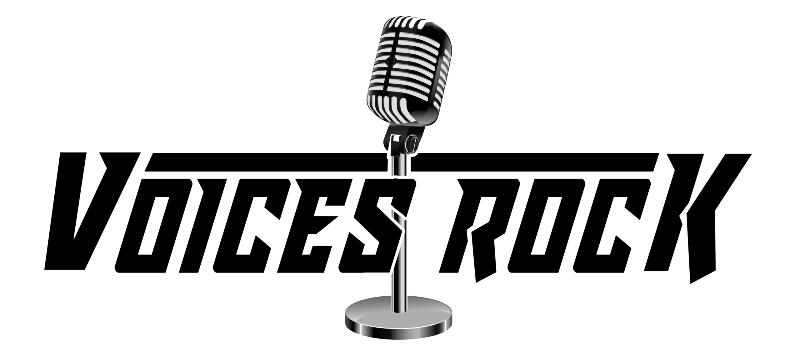 Voices Rock logo with vintage microphone above bold lettering