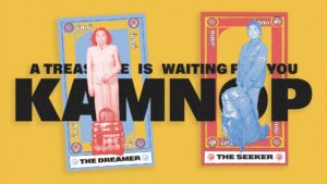 Two cards titled "The Dreamer" and "The Seeker," featuring individuals with luggage. Text: "A treasure is waiting for you KAMNOP"