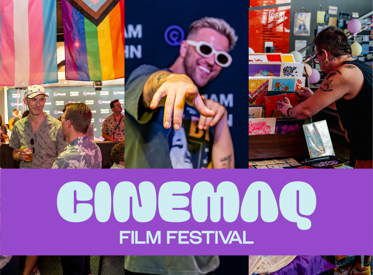 CinemQ Film Festival banner with diverse activities and attendees