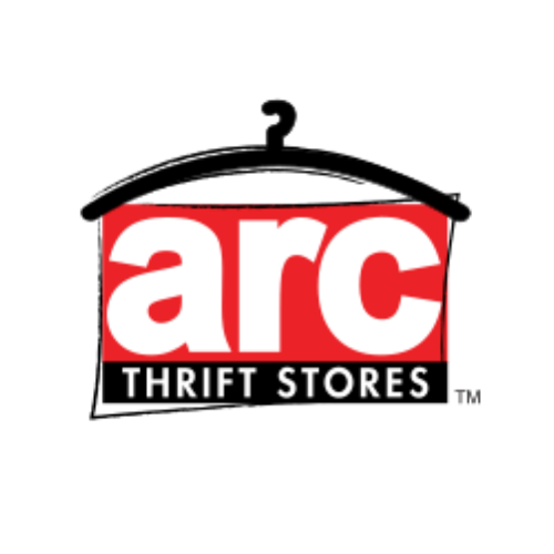 Arc Thrift Stores logo, red background with white text
