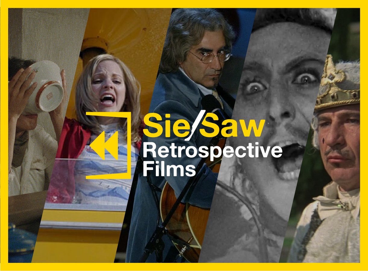 Collage of film scenes with "Sie/Saw Retrospective Films" in yellow text