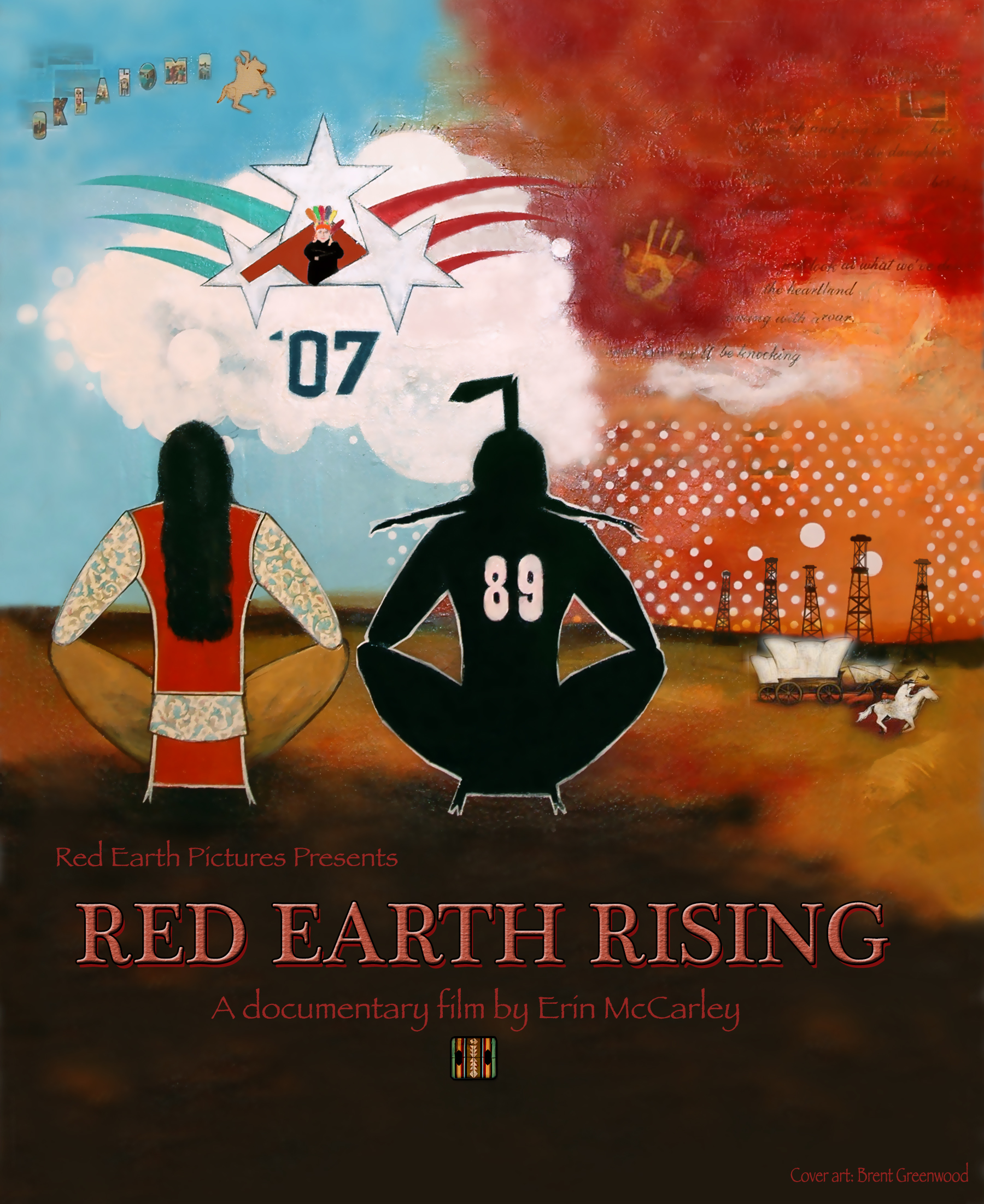 Two figures sit under a cloudy sky with 'Red Earth Rising' title