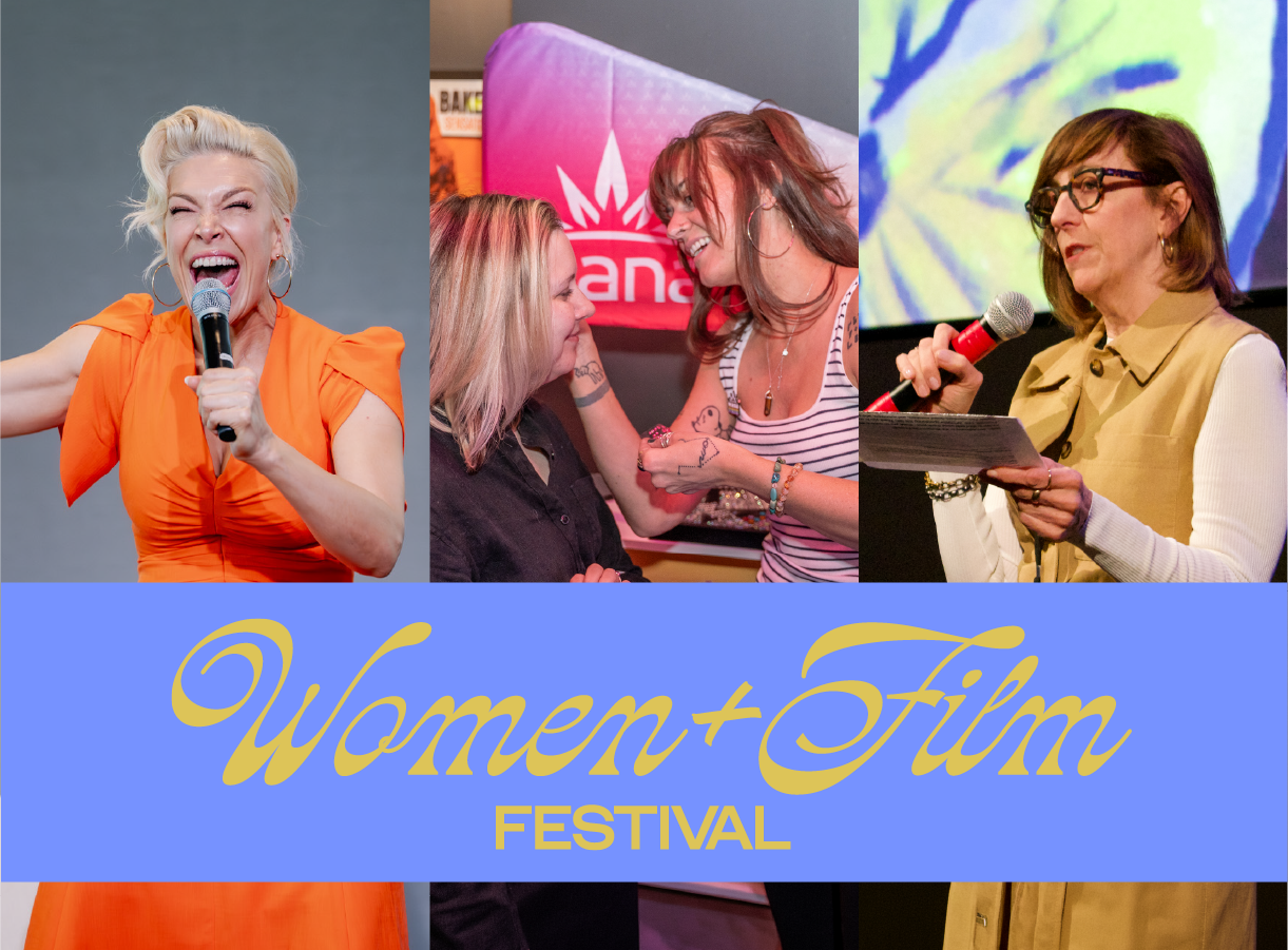 Women+Film Festival graphic featuring three women speaking and interacting, highlighting empowerment and connection