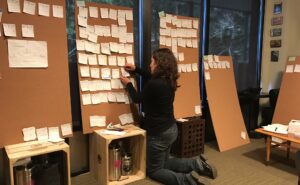 Storyboard_5375 organizing notes on corkboards in an office environment