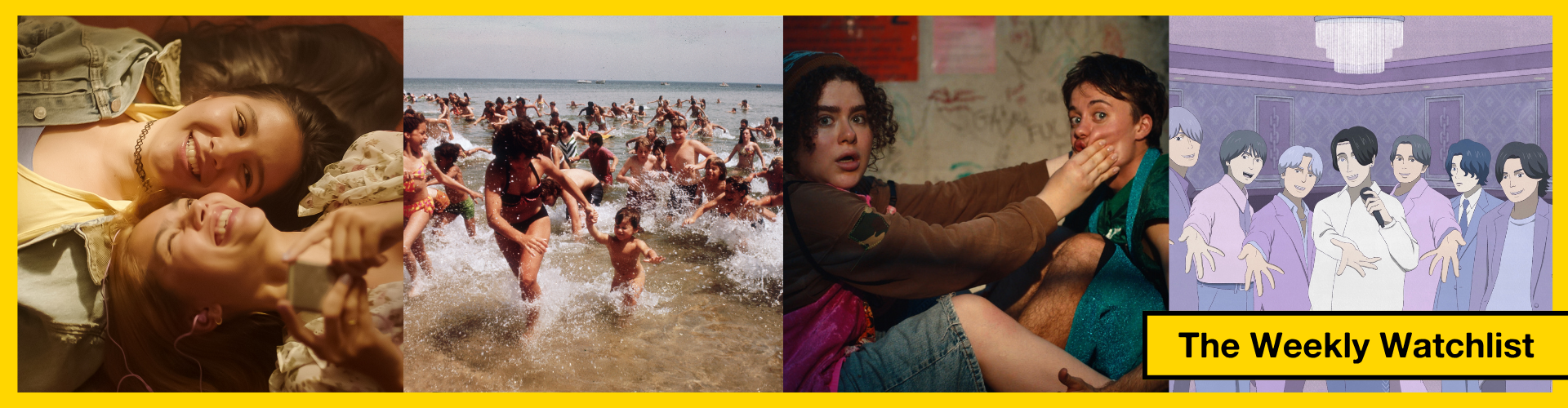 Collage of diverse scenes including relaxing friends, crowded beach, surprised pair, animated group with "The Weekly Watchlist" text