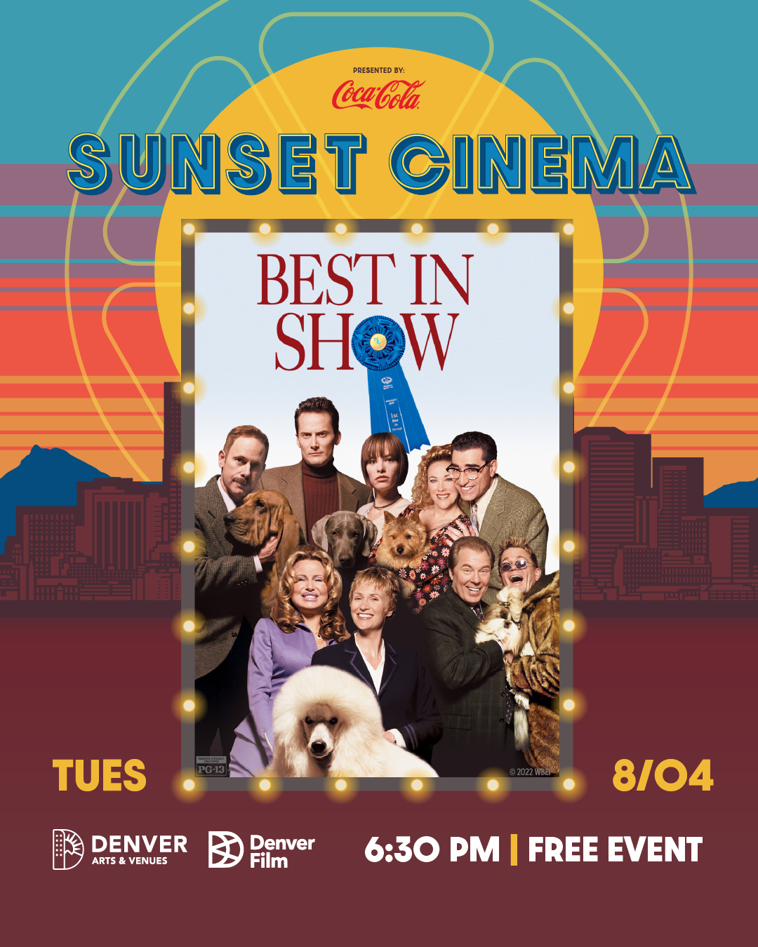 Sunset Cinema promotional poster for “Best in Show” on August 4, 6:30 PM. Free event presented by Coca-Cola and Denver Film