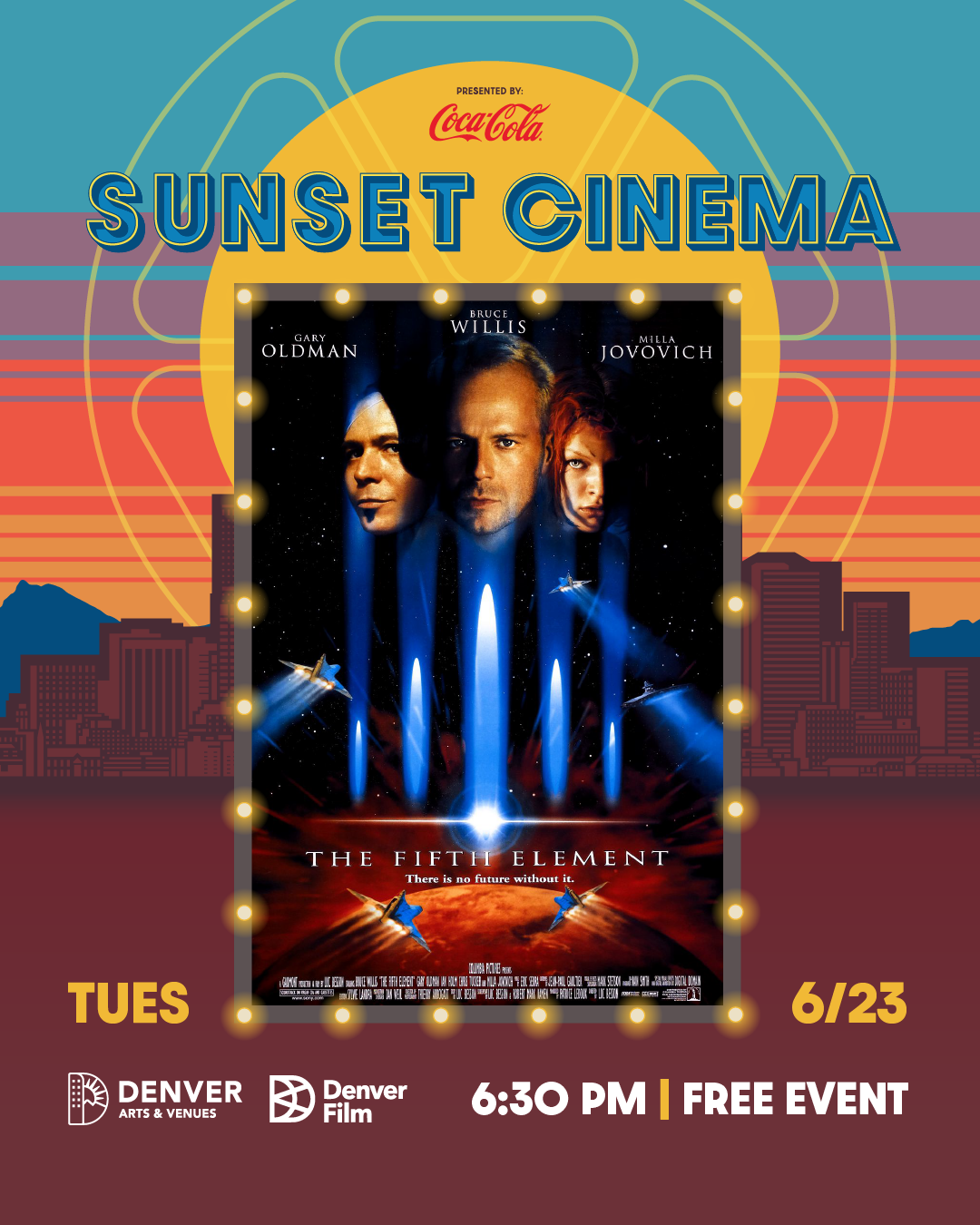 Sunset Cinema featuring "The Fifth Element." Event on Tuesday, June 23, 6:30 PM. Free entry, presented by Coca-Cola