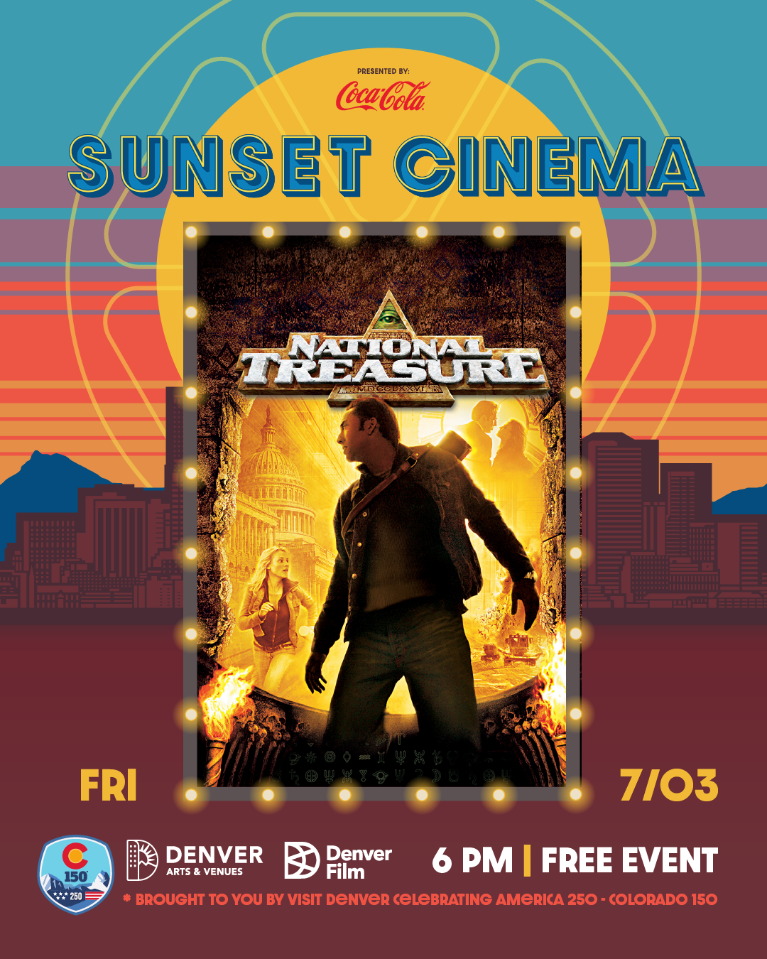 Sunset Cinema event poster featuring "National Treasure" playing on Friday, July 3 at 6 PM. Free event