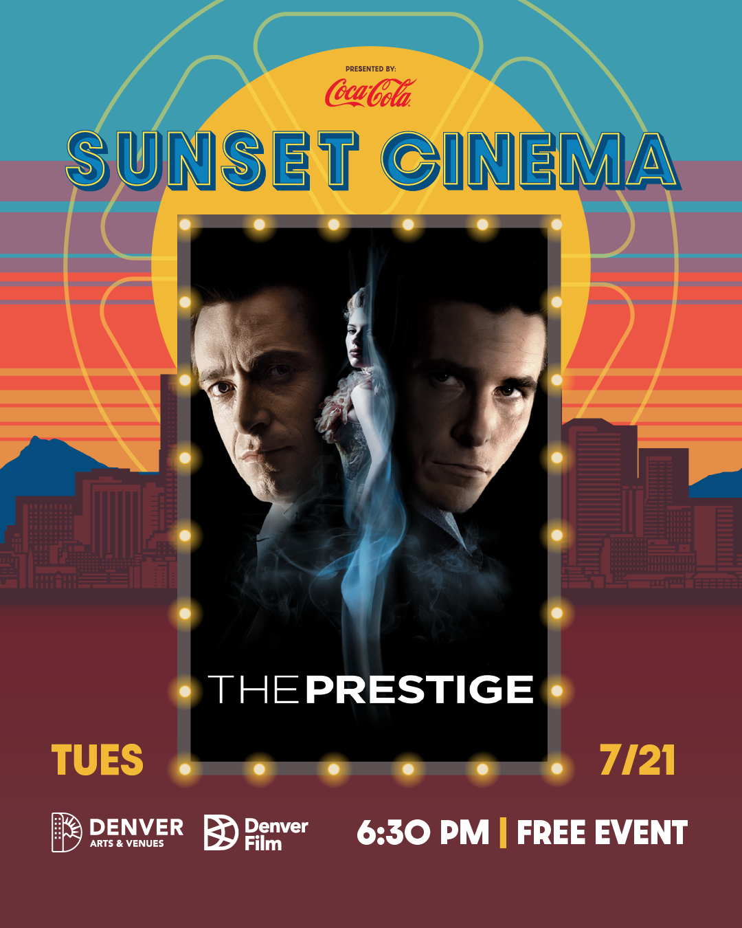 Sunset Cinema event poster featuring "The Prestige" film, July 21, 6:30 PM, free event by Denver Arts & Venues