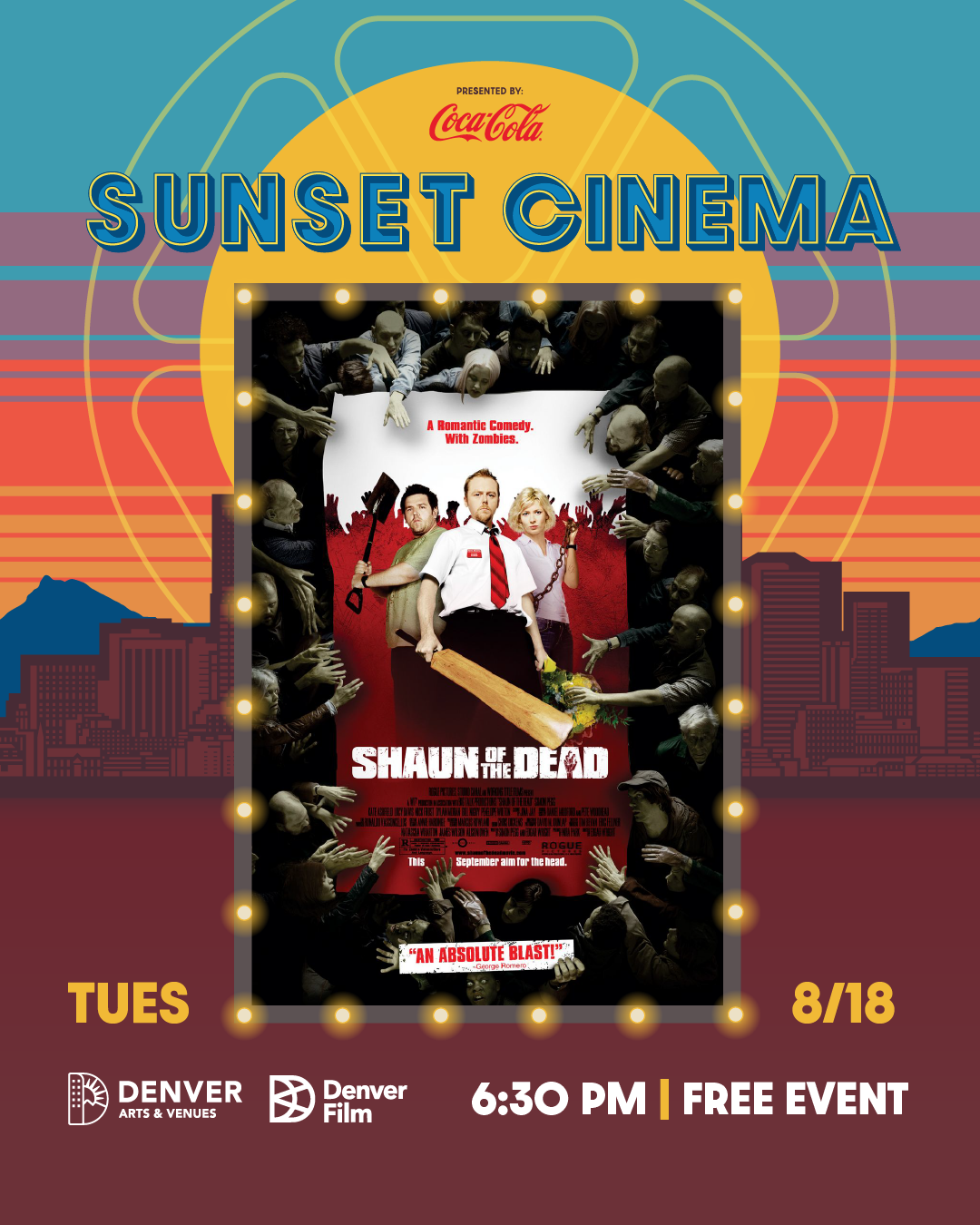 Sunset Cinema event poster featuring "Shaun of the Dead" with zombies, scheduled for 8/18 at 6:30 PM, free entry
