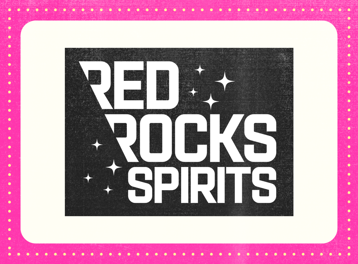 Red Rocks Spirits text with decorative stars on black background, pink dotted border
