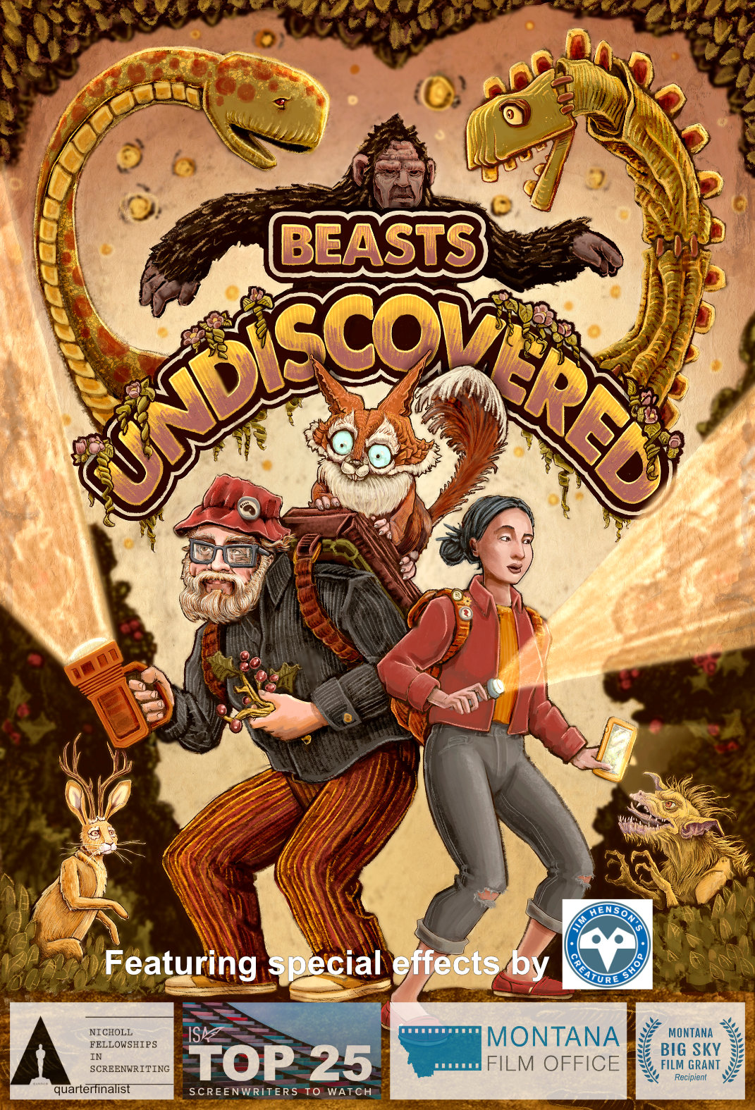 Explorers with flashlights among mythical creatures, titled "Beasts Undiscovered", featuring sponsors and awards logos [Model: gpt-4o]