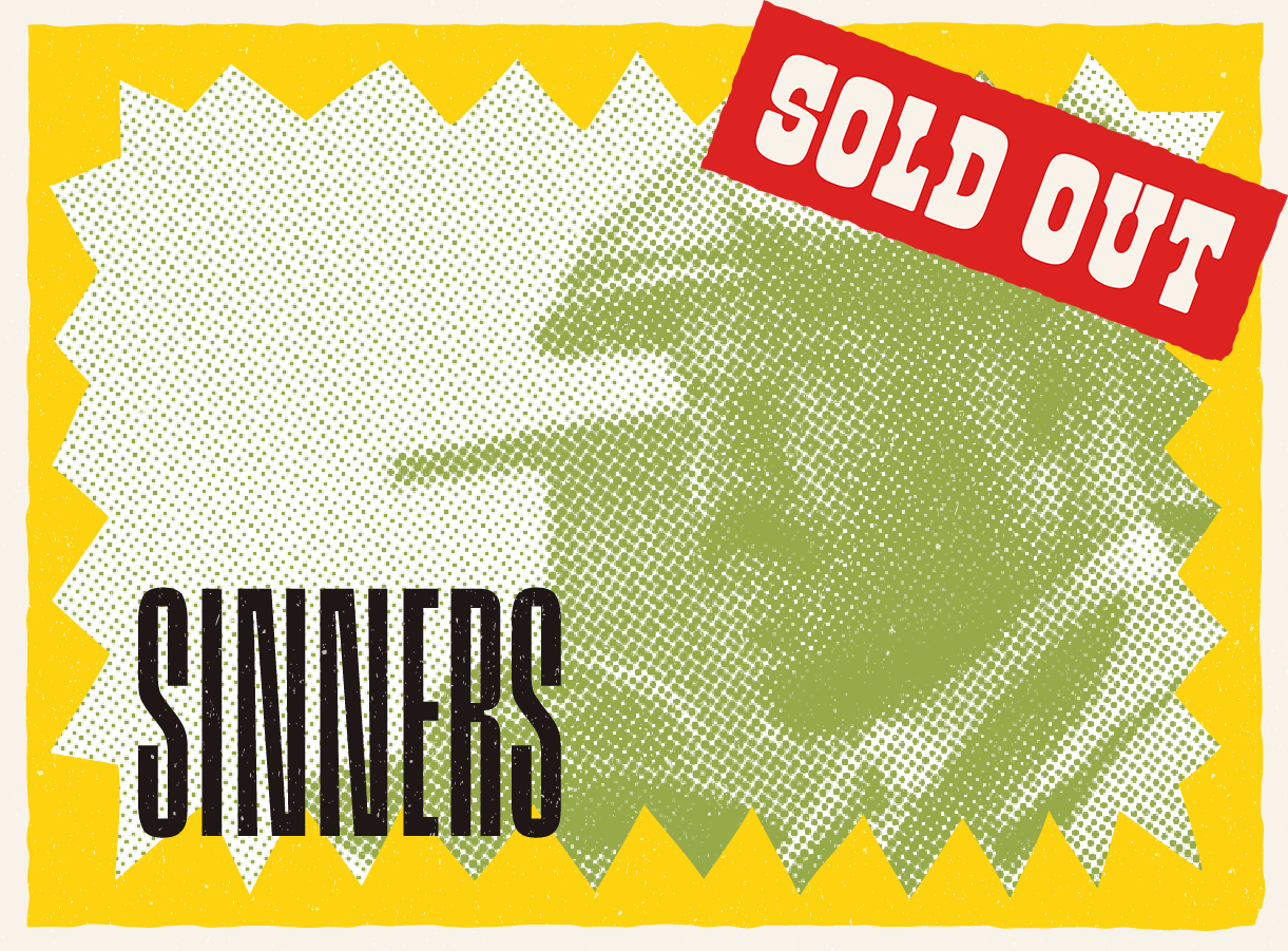 Yellow starburst background with green silhouette of a person wearing a cap, "SINNERS" text at the bottom left, and a "SOLD OUT" red banner at the top right conveys urgency and unavailability [Model: gpt-4o]