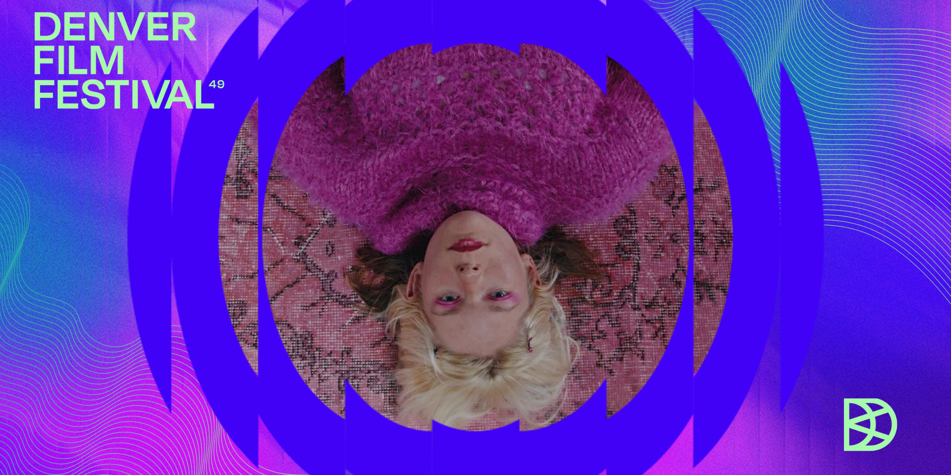 Denver Film Festival 49 graphic with woman in pink sweater, blue abstract design