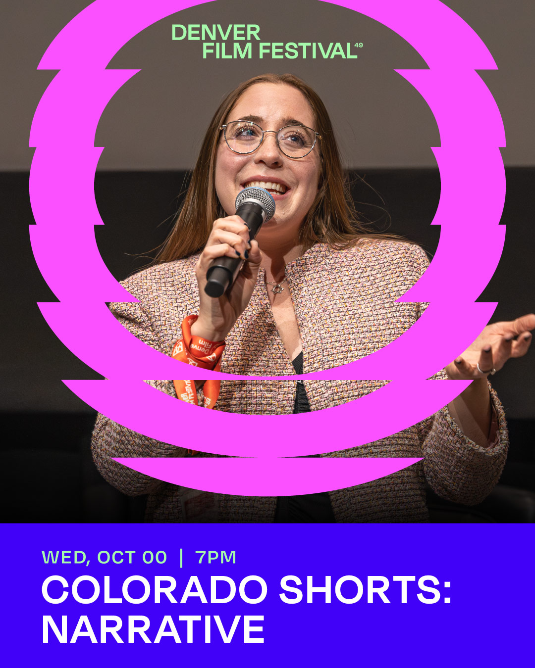 Denver Film Festival speaker with microphone, text: "Denver Film Festival 49," "Wed, Oct 00 | 7PM," "Colorado Shorts: Narrative" [Model: gpt-4o]