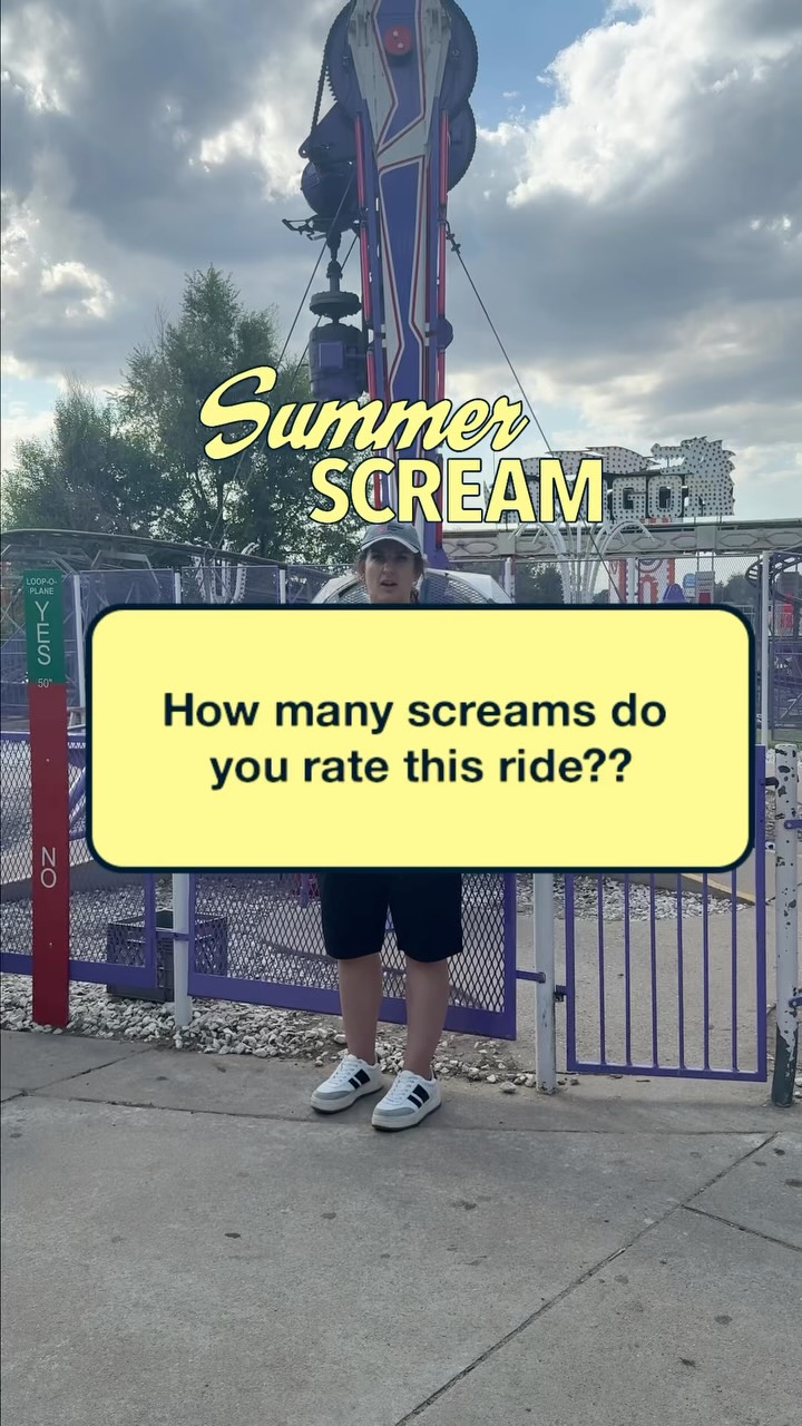 [gpt-4o]: Summer Scream amusement ride with person, text overlay: "How many screams do you rate this ride?"
